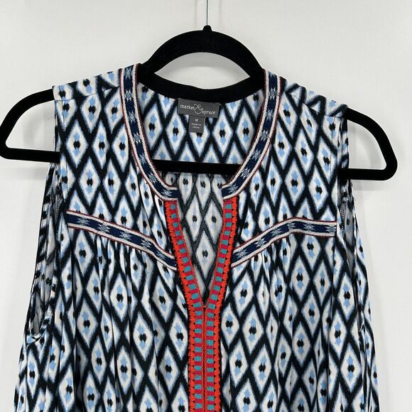 MARKET & SPRUCE Blue Red Diamond Embroidered Cold Shoulder Boho Blouse Medium - Picture 3 of 7